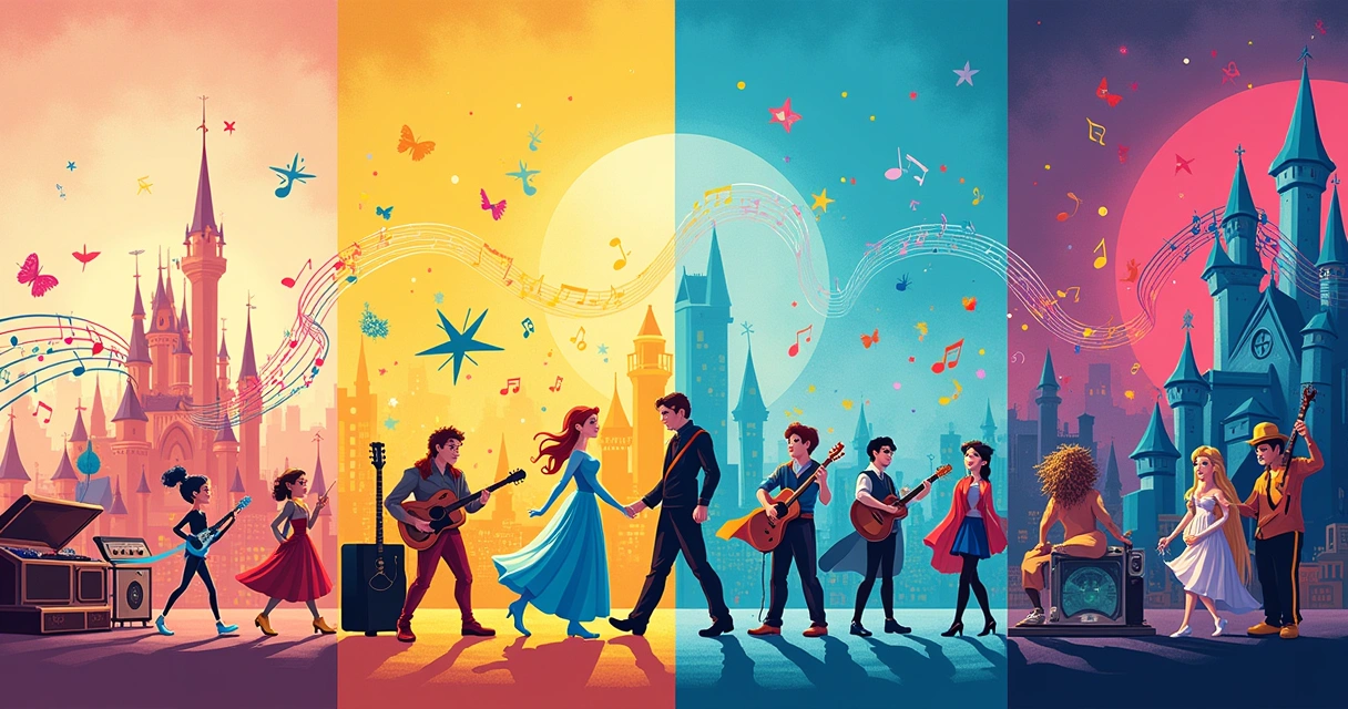 Ilustração mostrando a evolução das trilhas sonoras da Disney ao longo das décadas com cenas de cada era.