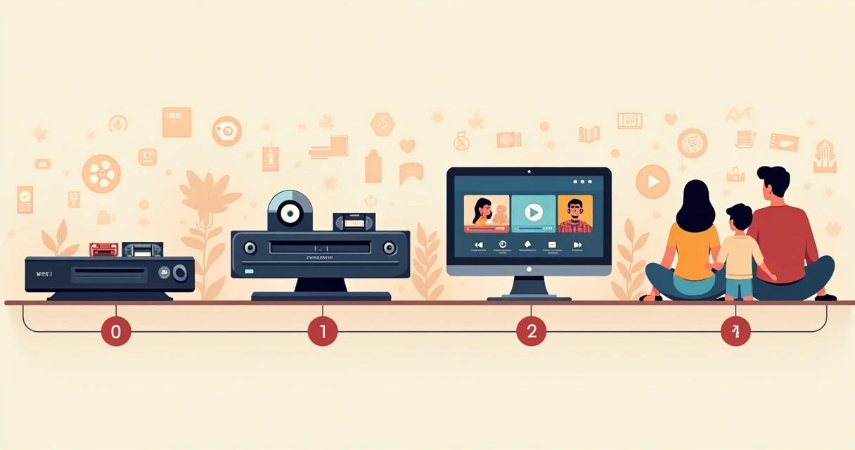 Linha do tempo com aparelhos VHS, DVD e telas representando streaming