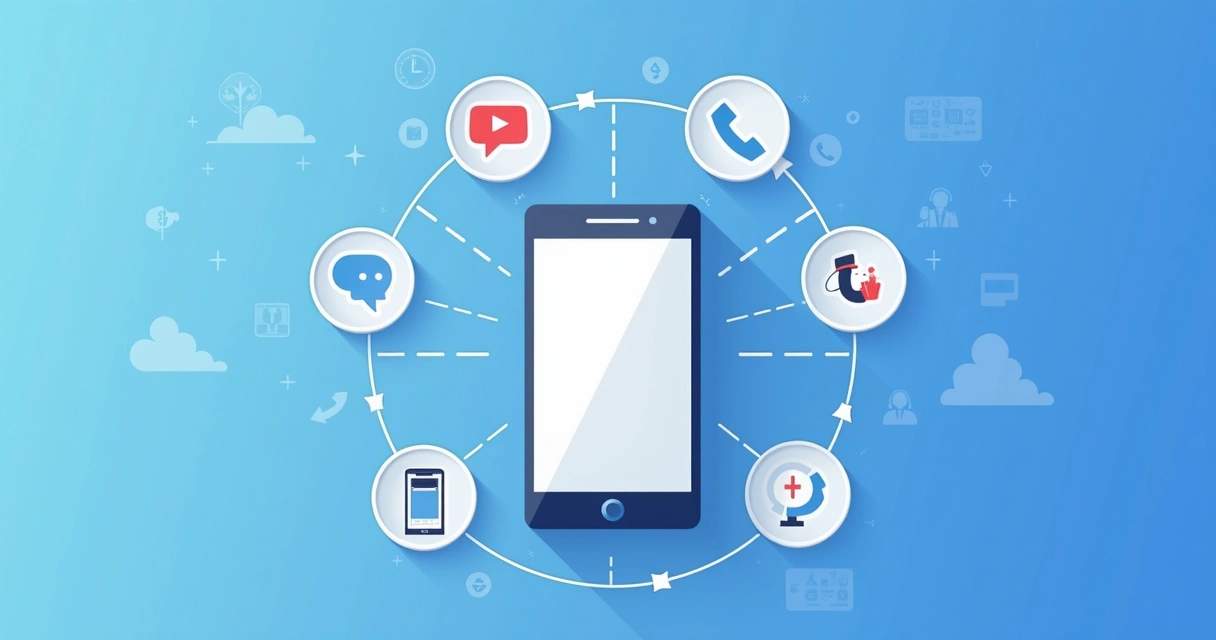 Celular com várias linhas do tempo conectando ícones de mensagem, vídeo, áudio e chamadas. 