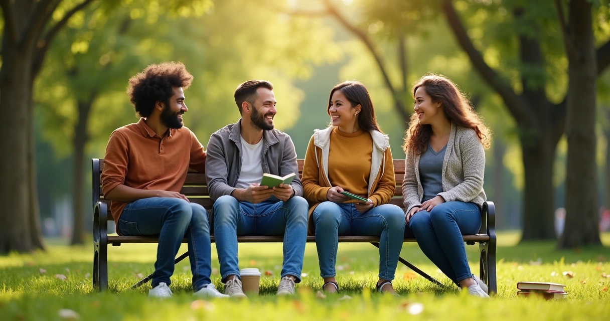 Grupo de amigos conversando al aire libre mientras se sonríen