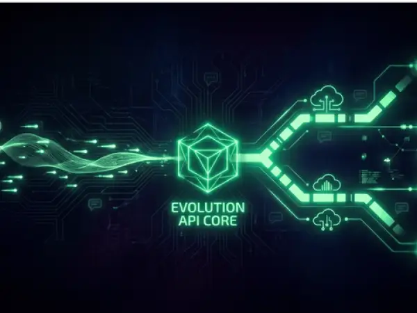 Ilustração digital do núcleo Evolution API Core com conexões de tecnologia e nuvem em fundo escuro