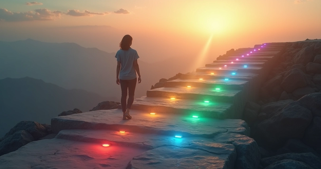 Person walking up seven luminous steps toward a radiant sky 