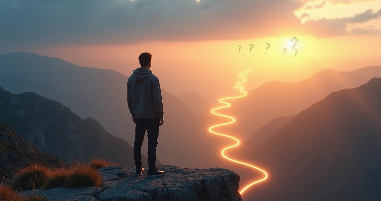 Person on mountain at sunrise reflecting on life path 