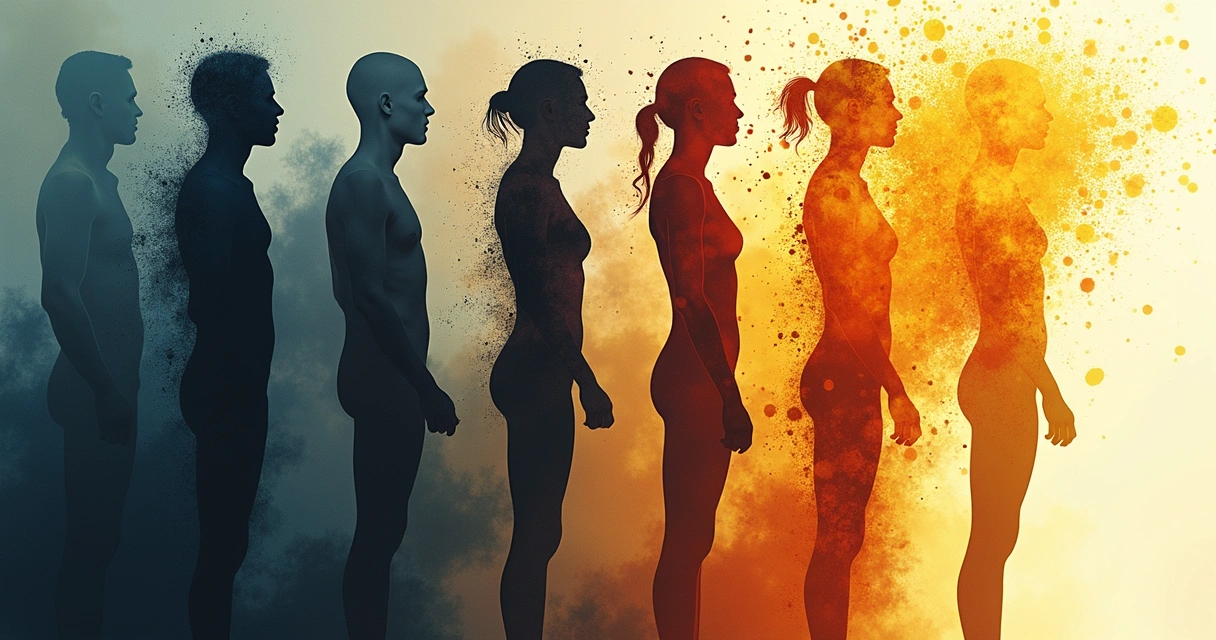 Abstract depiction of human silhouettes shifting from darkness to light. 