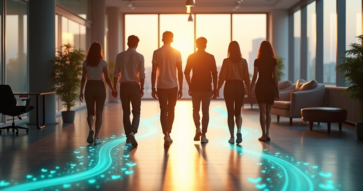 Diverse coworkers walking along a glowing path through a modern office 