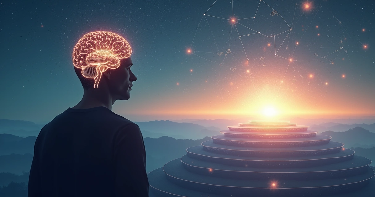 Human silhouette with glowing brain facing layered evolving landscapes 