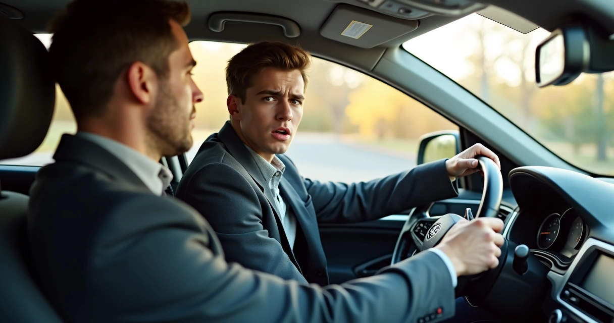 Candidato ao exame de direção nervoso dentro do carro