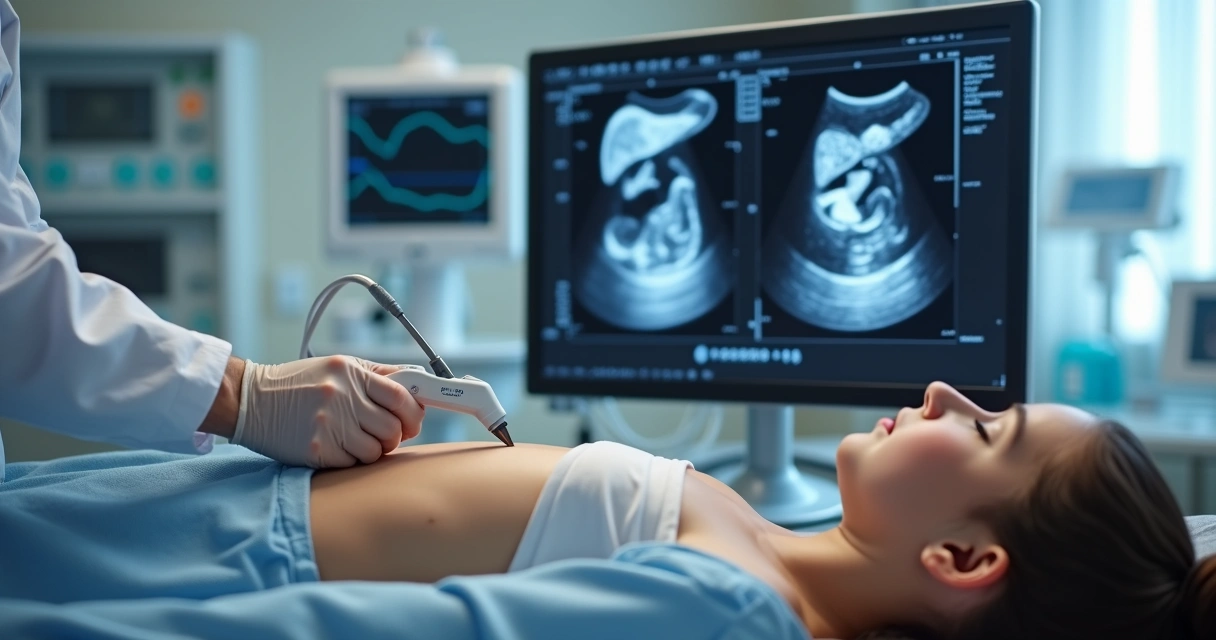 Profissional de saúde realizando exame de ultrassom abdominal em paciente jovem deitado 