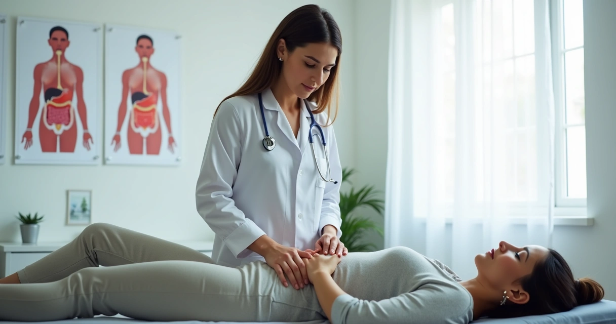 Profissional de saúde examinando abdômen de paciente em consultório 