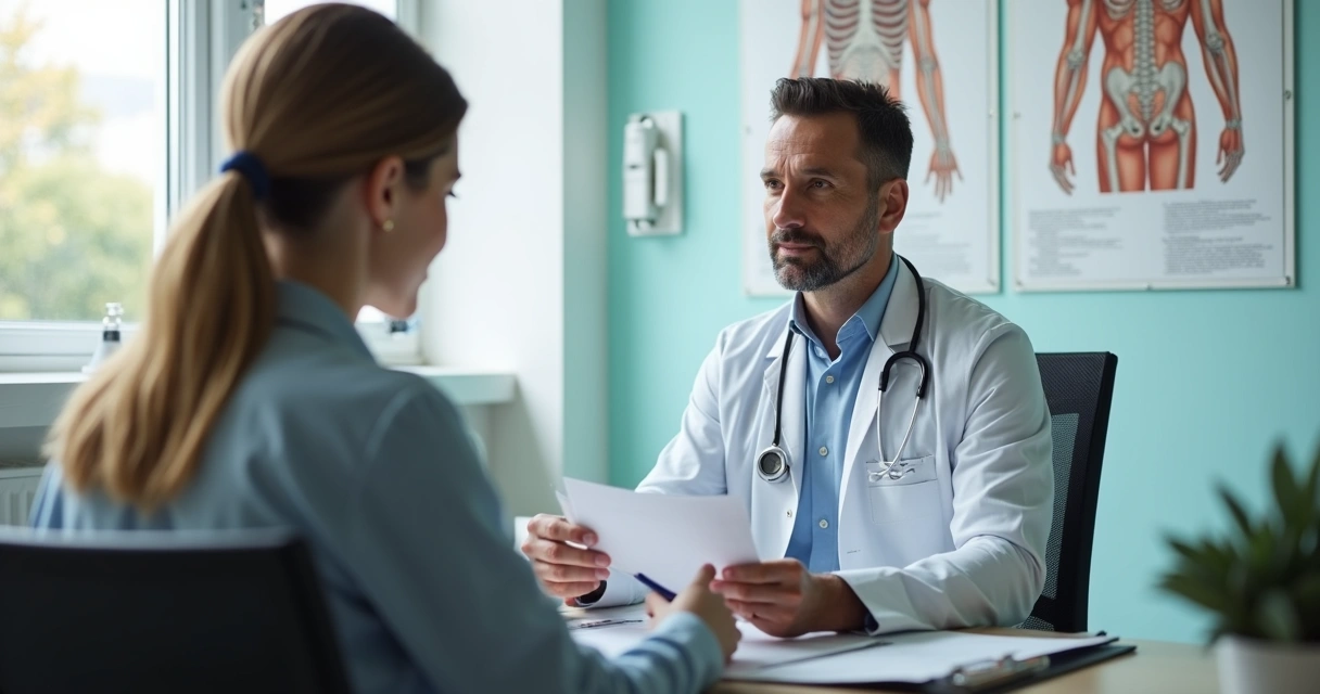 Médico do trabalho avaliando trabalhador em consultório 