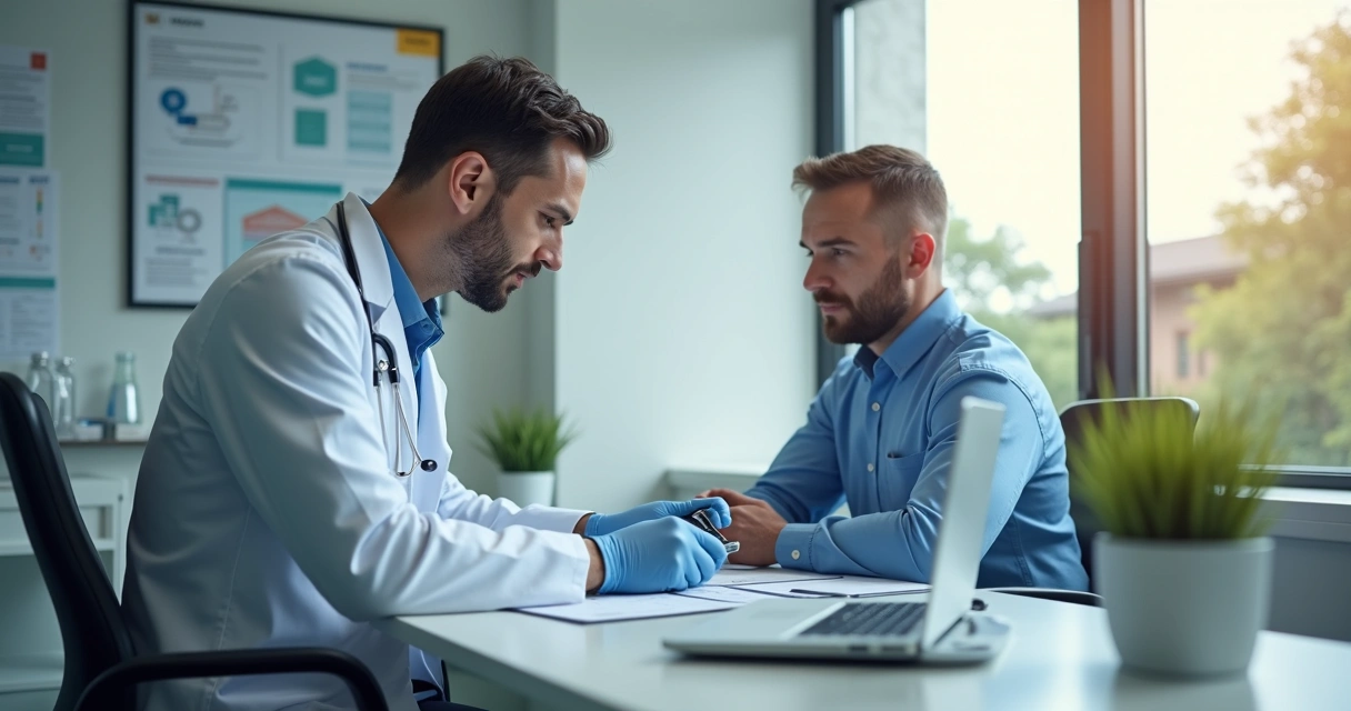 Profissional de saúde fazendo exame médico ocupacional em ambiente clínico moderno 