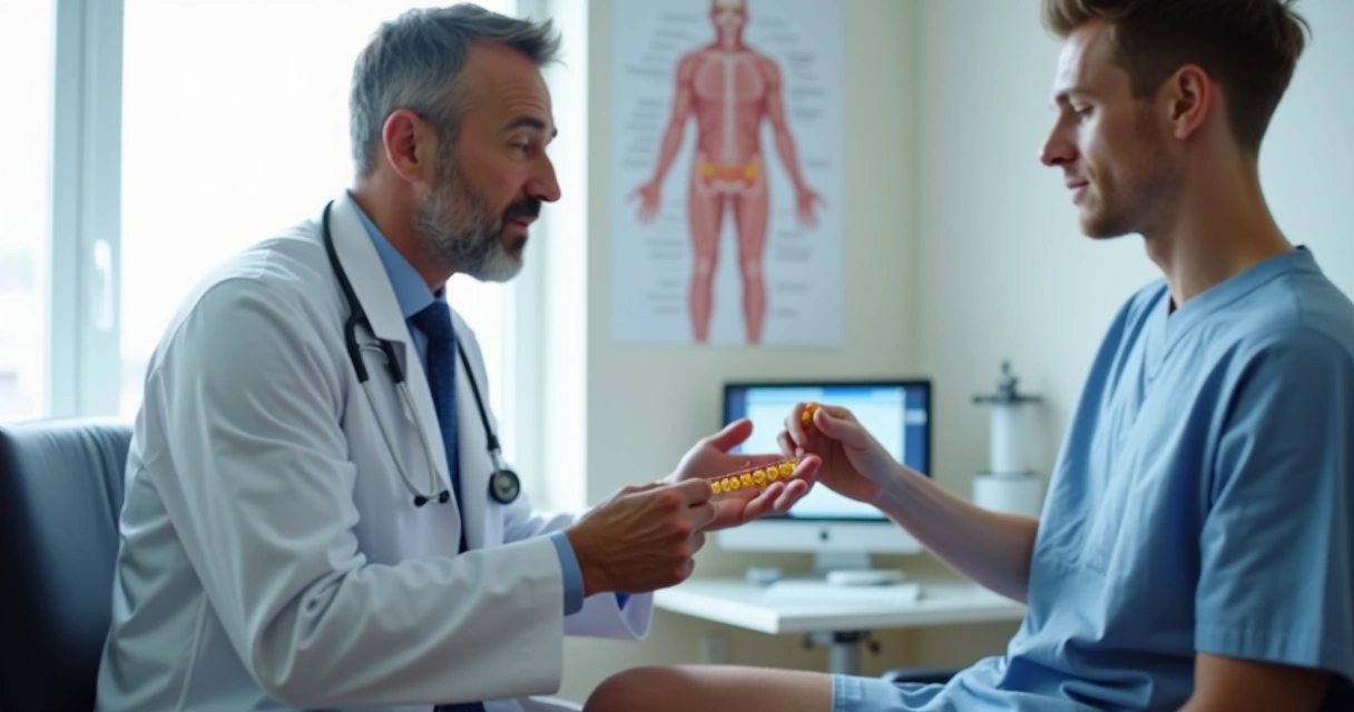 Urologista mostrando orquidômetro durante exame andrológico em consultório 