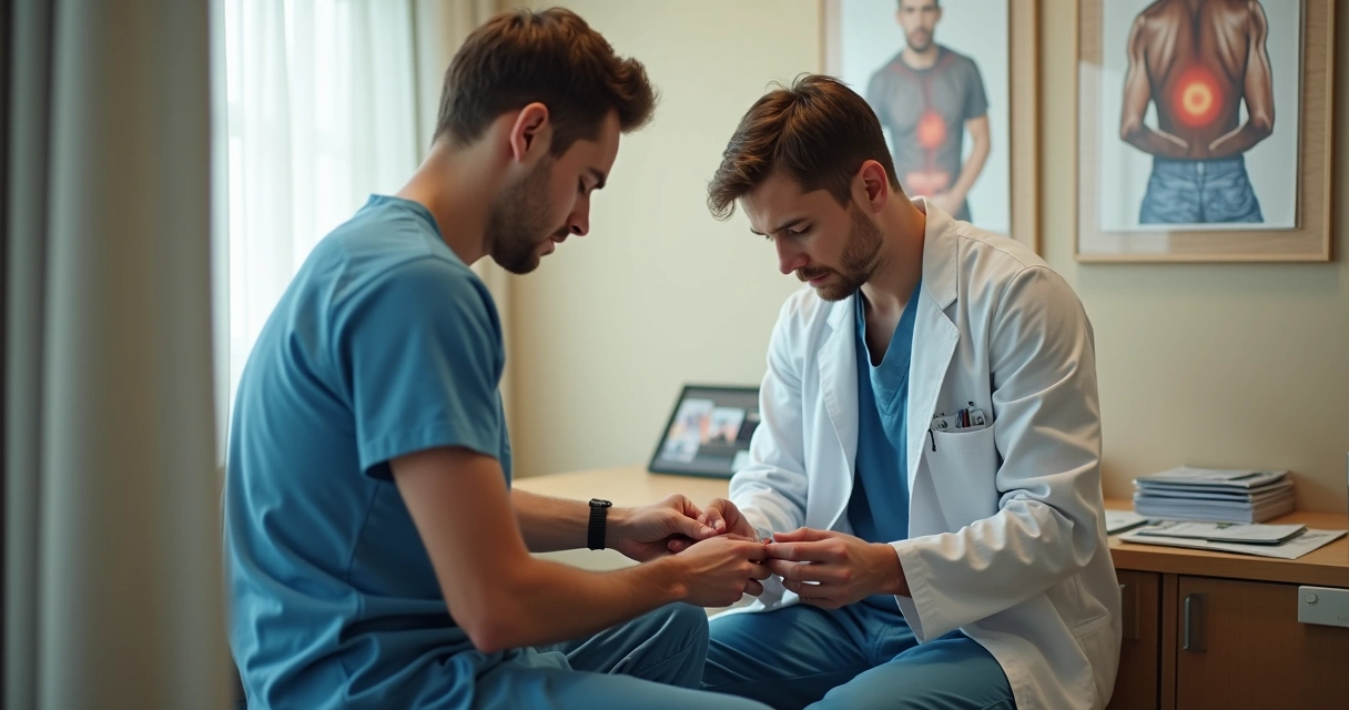 Profissional realizando exame andrológico em adolescente com roupas, consultório médico