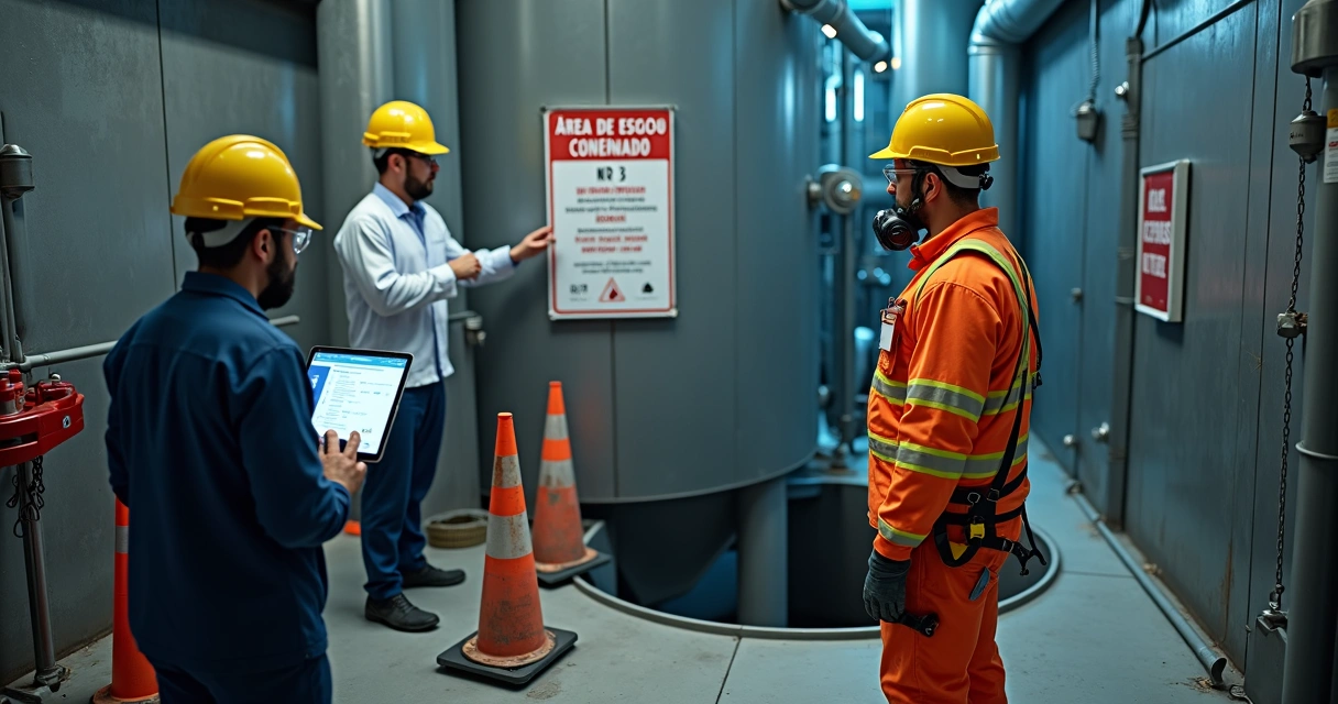 Equipe analisa ASO em tablet enquanto trabalhador se prepara para entrar em espaço confinado industrial 