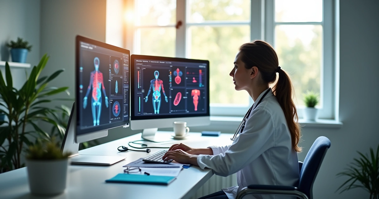 Sala de clínica moderna com telas de computador exibindo gráficos e resultados de exames, uma médica analisando o monitor sentado na mesa e luz natural entrando pela janela 