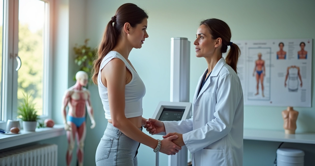 Nutricionista avaliando massa muscular de paciente em consultório 