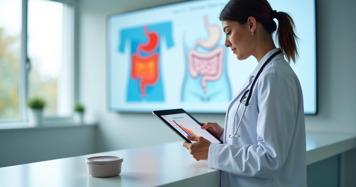 Profissional de saúde mostrando exame de calprotectina fecal em tablet ao lado de ilustração do intestino em consultório moderno 