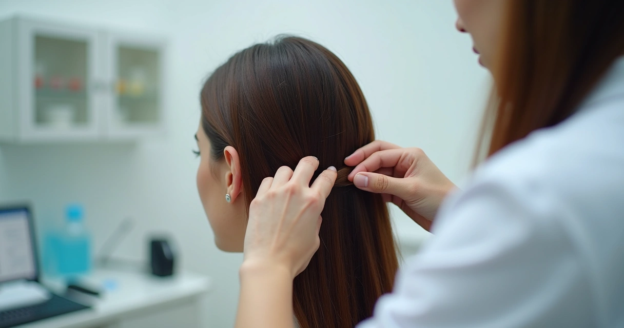 Dermatologista examinando couro cabeludo de paciente mulher para diagnóstico de alopecia. 