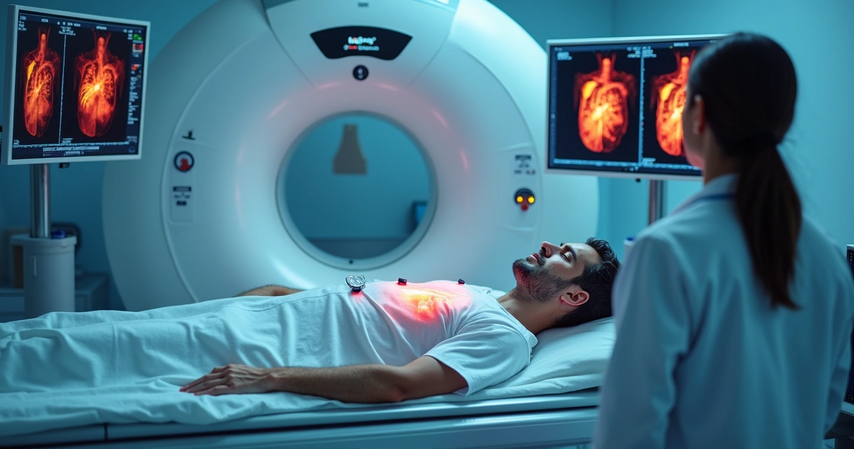 Paciente realizando exame de cintilografia do coração com aparelho gamma câmera 