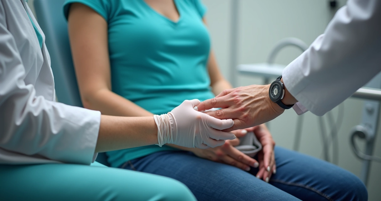 Paciente sendo examinada por ginecologista em consultório, exame clínico do assoalho pélvico. 