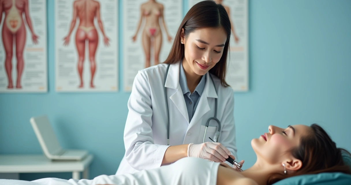 Médica examinando paciente mulher em consultório clínico 