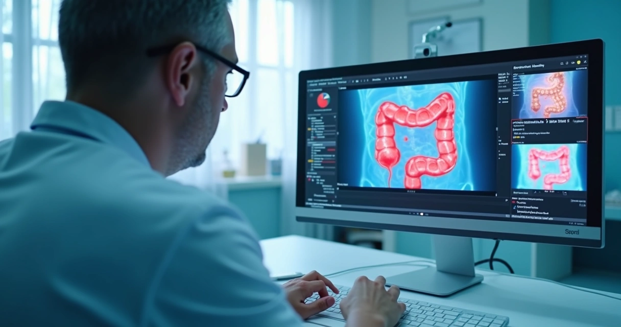 Exame de colonoscopia evidenciando inflamação no cólon 