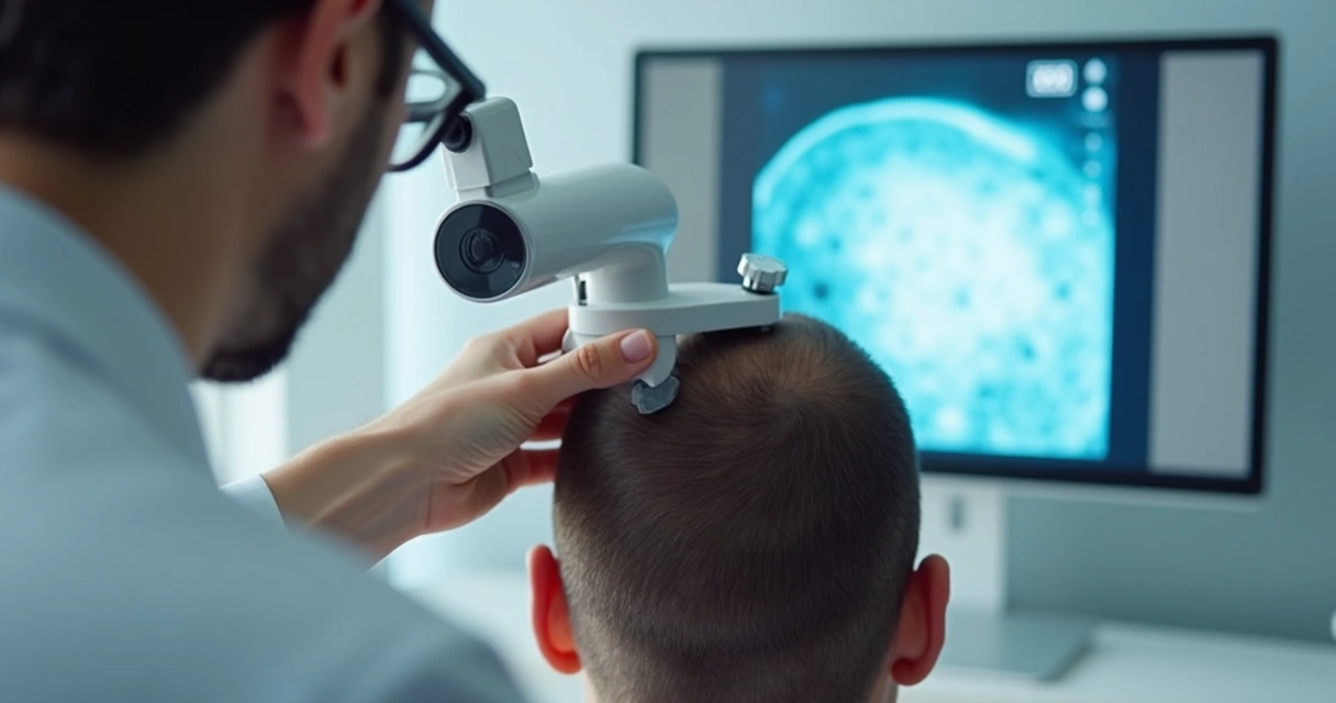 Profissional usando tricoscópio para diagnosticar couro cabeludo 