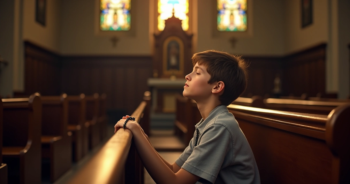 Jovem sentado em silêncio em uma igreja com rosário nas mãos, olhos fechados. 