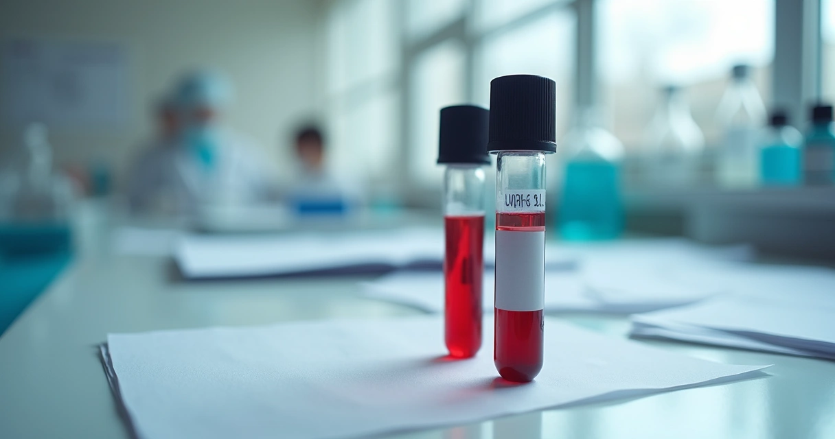 Pote de urina e tubo de exame laboratorial em bancada clínica