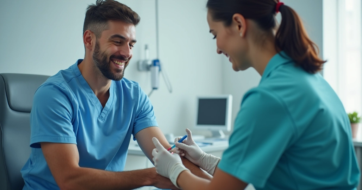 Homem sentado em clínica, enfermeira colhendo amostra de sangue em braço 