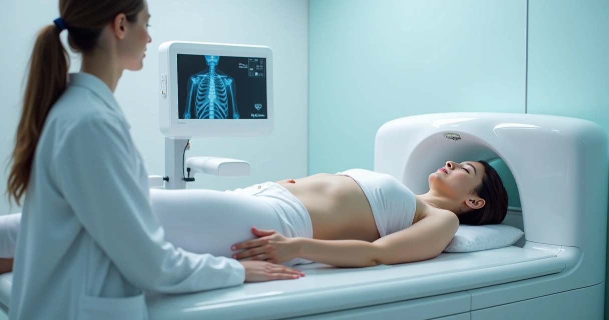 Pessoa deitada realizando exame de densitometria óssea em clínica moderna