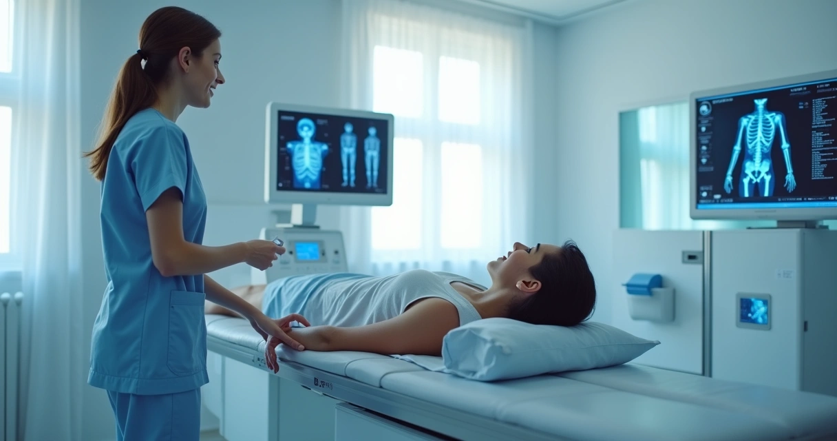 Paciente realizando exame de densitometria óssea em clínica de saúde