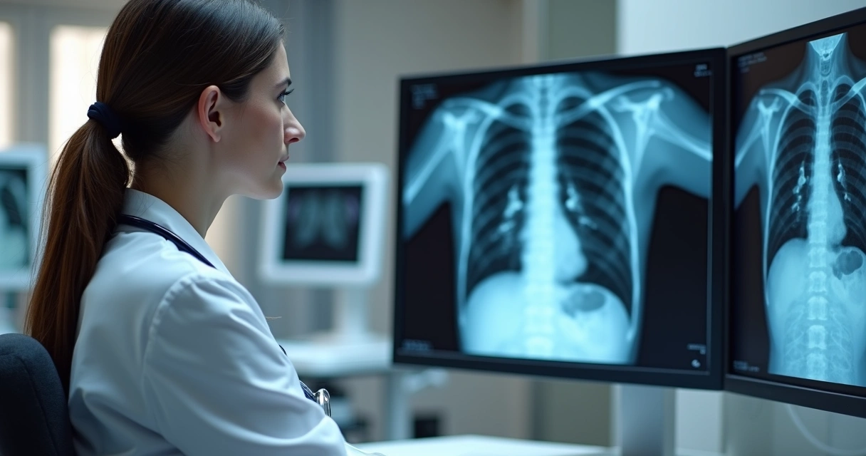 Médico analisando exames de tomografia e raio X no computador para diagnóstico de câncer de pulmão 