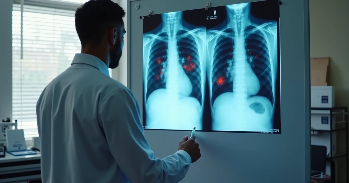 Raio-X de tórax exibindo sinais de tuberculose pulmonar 