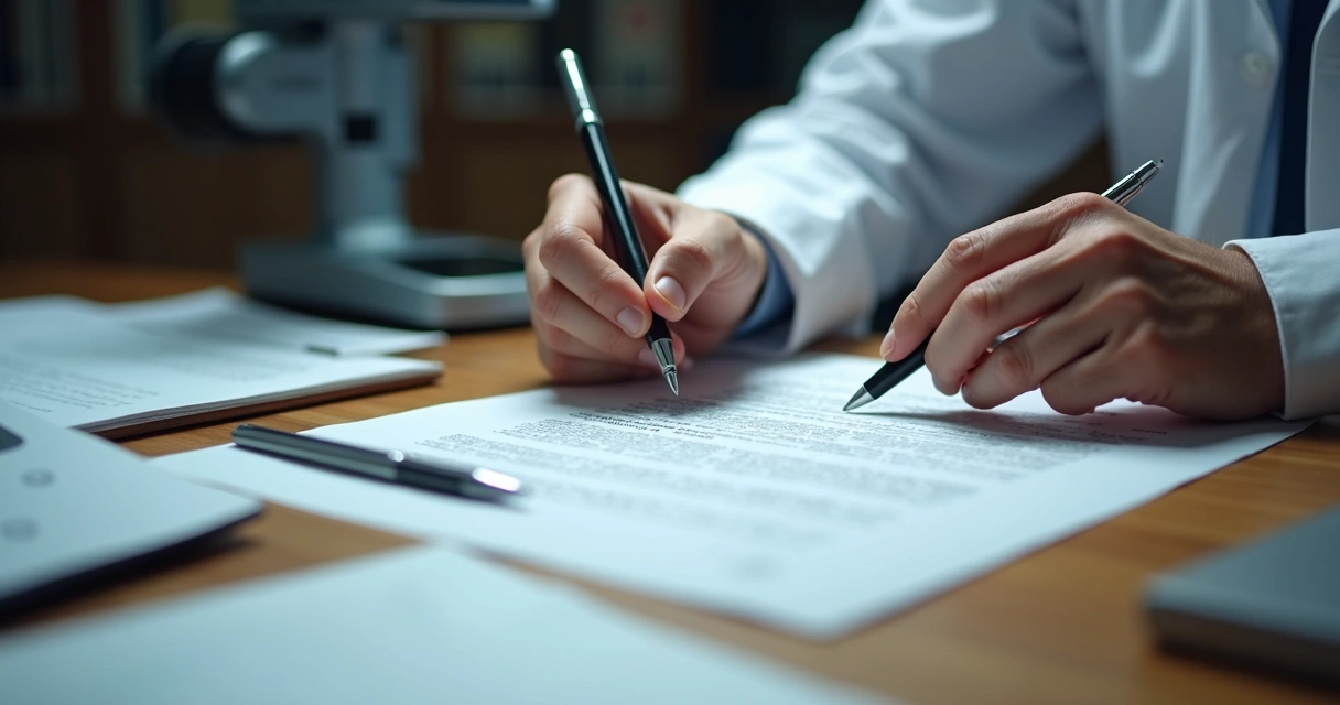 Perito examinando documento com lupa sobre mesa de madeira 