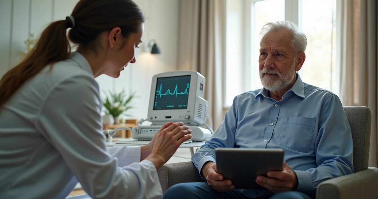Profissional de saúde realizando exame cardíaco em paciente em casa 