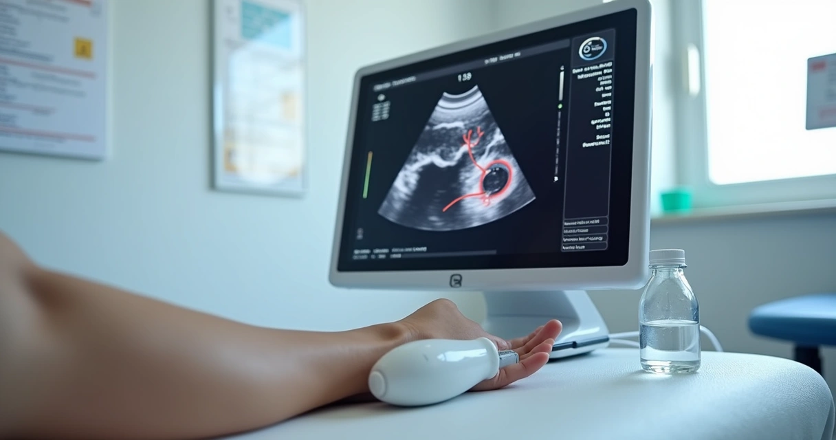 Aparelho de ultrassom Doppler sobre mesa de exame, mostrando imagem vascular na tela. 