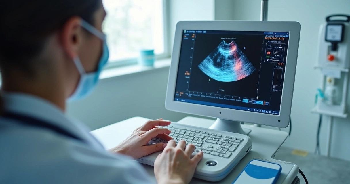 Médico realizando ecocolordoppler em perna de paciente, foco no dispositivo e tela mostrando veias 