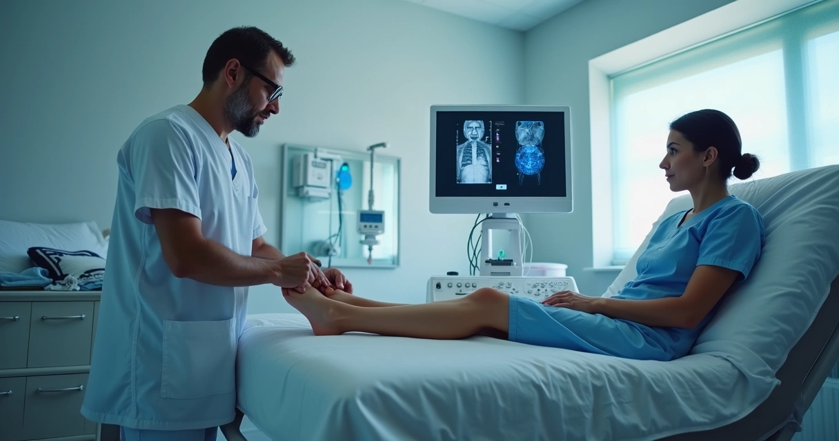 Paciente faz exame doppler vascular na perna, médico usa ultrassom em clínica moderna