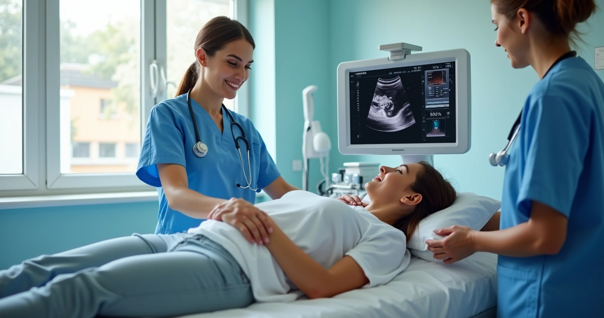 Exame de ultrassom pélvico em mulher em consultório moderno