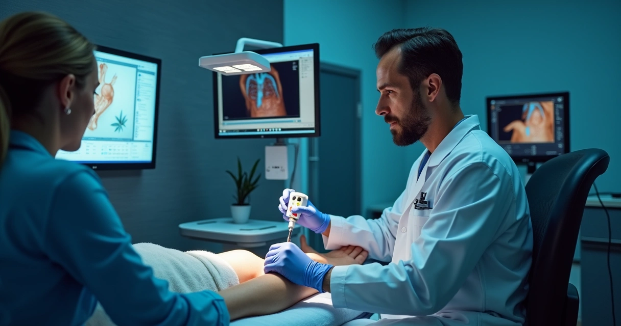 Médico examinando perna com equipamento de eco-Doppler em clínica vascular 