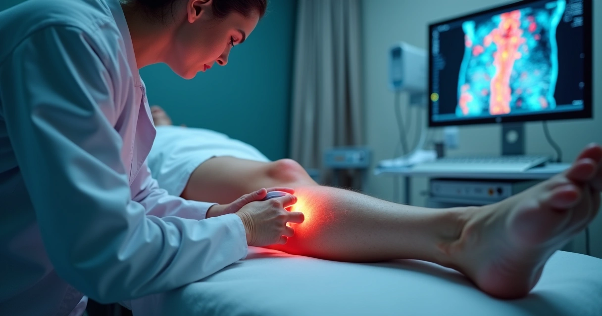 Paciente realizando ecocolordoppler vascular em consultório médico 