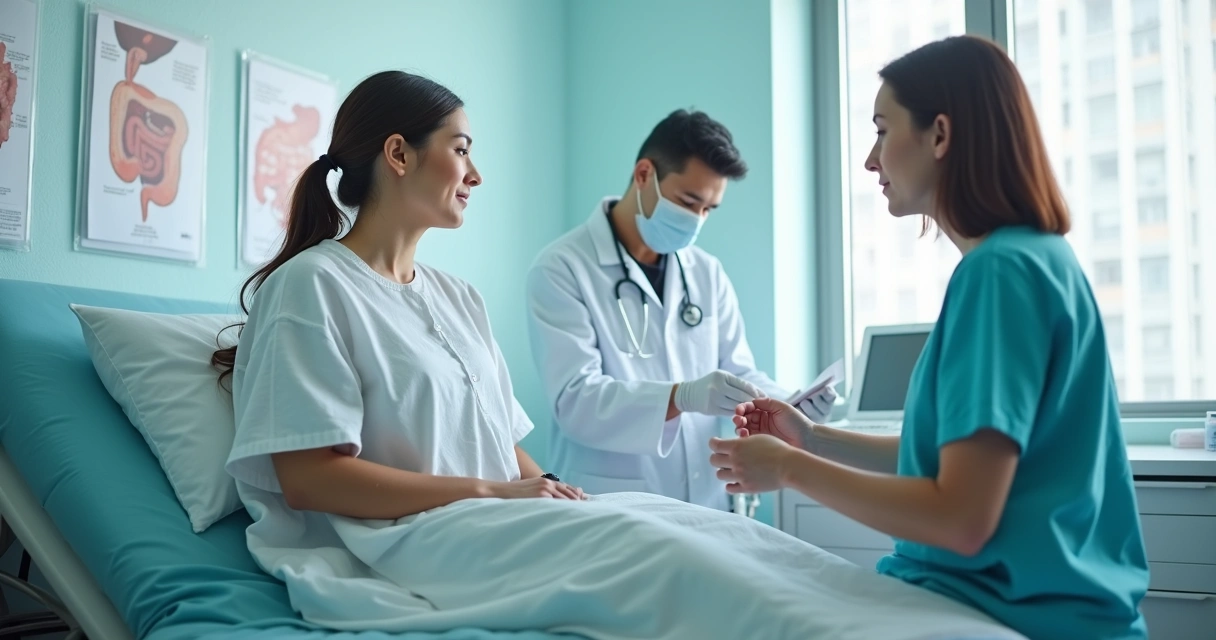 Paciente aguardando exame endoscópico, equipe médica ao fundo, consultório iluminado 