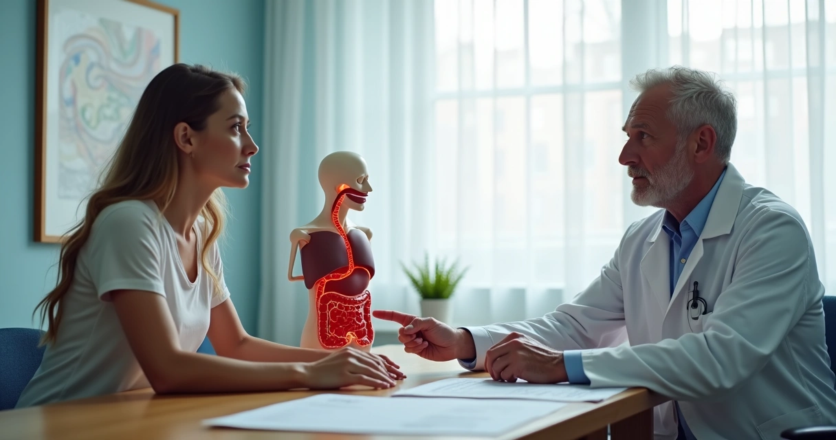 Médico explicando procedimento de endoscopia a paciente em consultório 