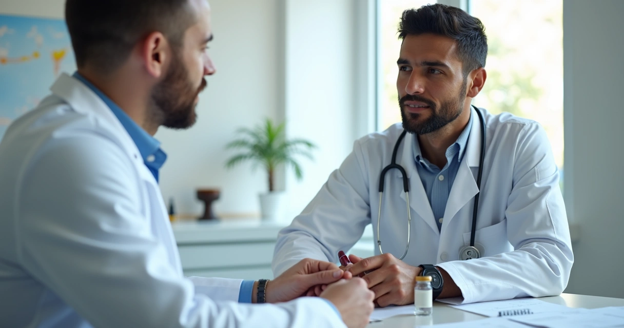 Homem fazendo exame de espermograma com urologista 