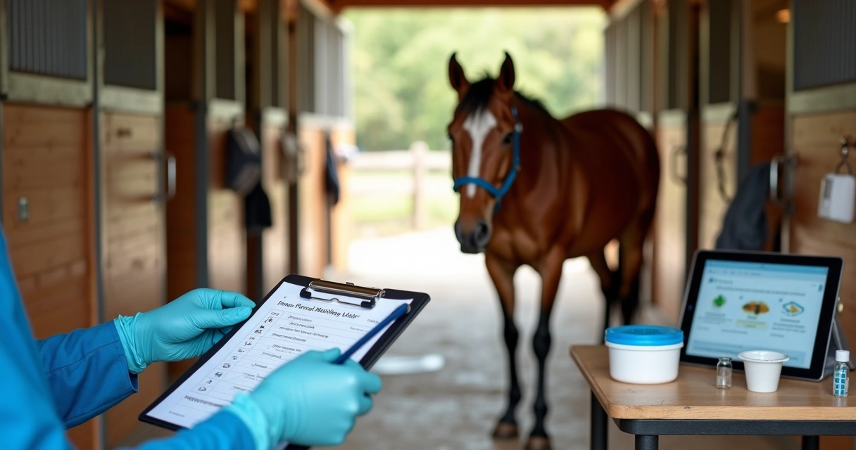 Veterinário analisando amostra de fezes de cavalo em haras organizado 