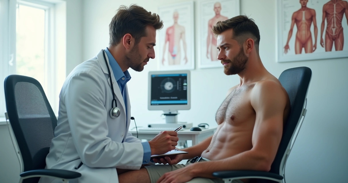 Médico realiza exame físico e ultrassom do pênis em paciente com curvatura 