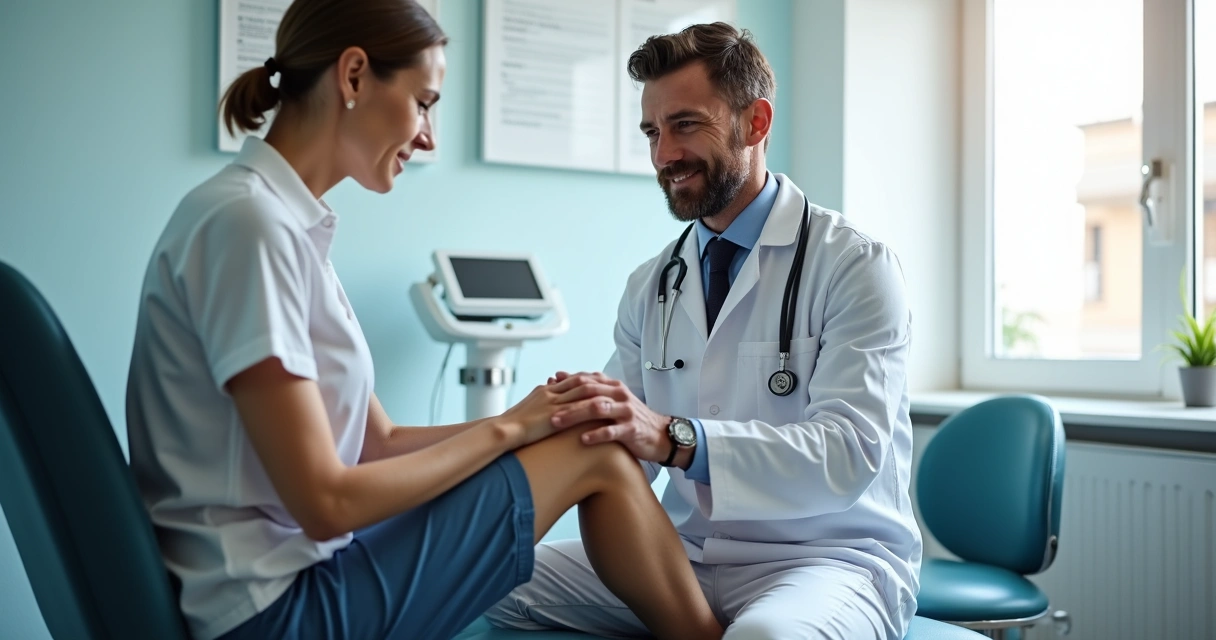 Ortopedista examinando o joelho de paciente sentado na clínica 