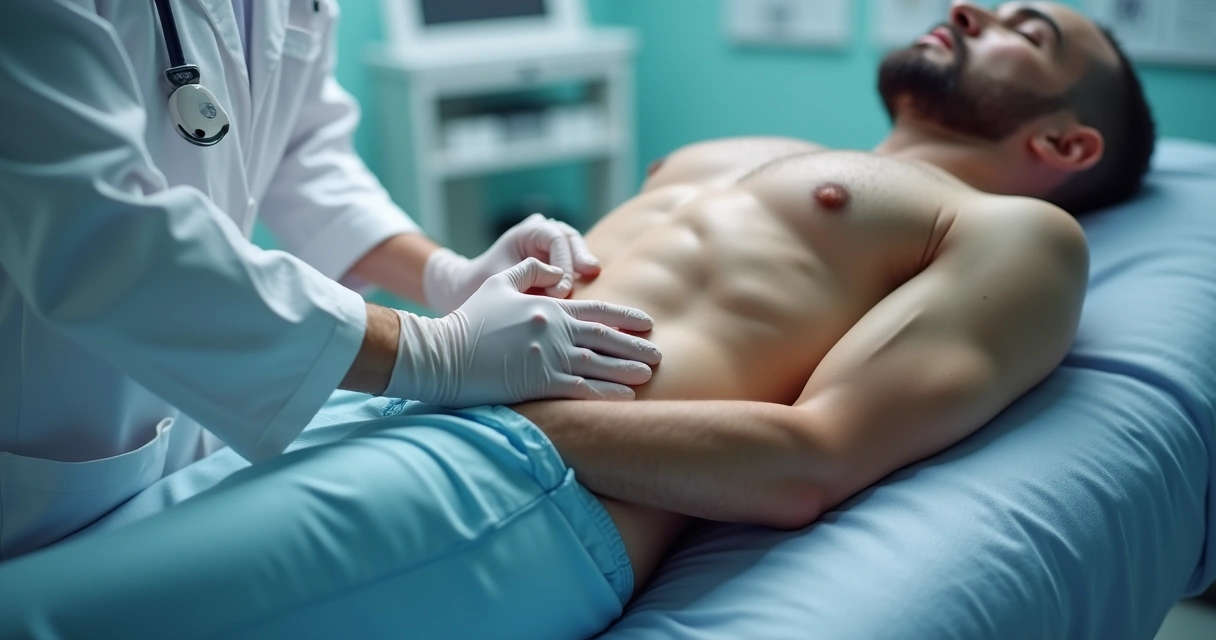 Exame físico urológico com médico e paciente 