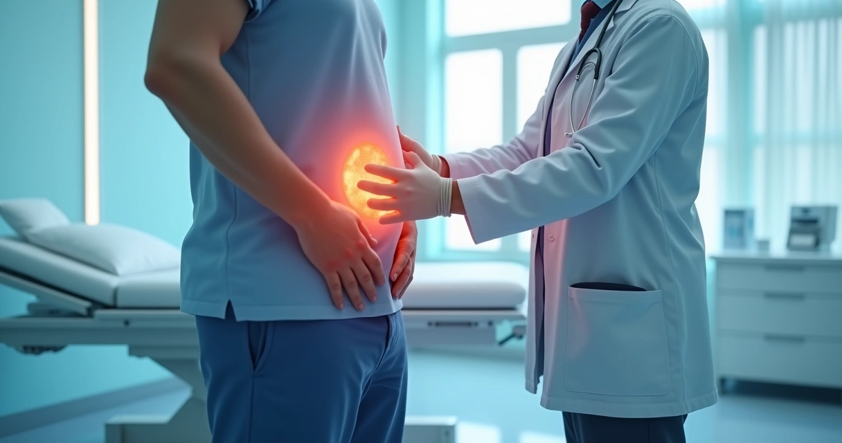 Urologista examinando paciente para diagnóstico de varicocele ou hidrocele 